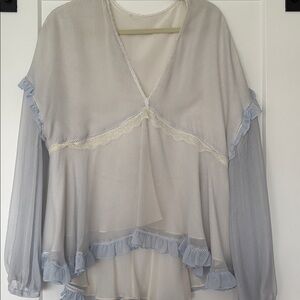 Jonathan Simkhai Ivory and Light Blue Silk Blouse with Lace Trim